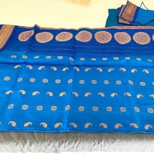 Classic Blue paithani in pure silk with peacock embroidery